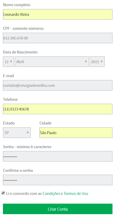 Preencha seus dados corretamente e clique em “Criar Conta” vaquinha-projeto-sonhar-cadastro-dados