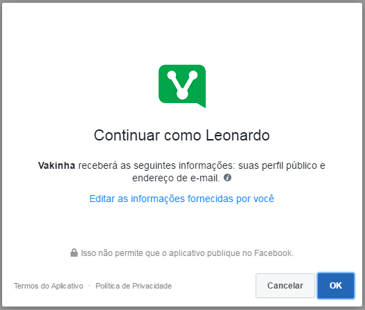 Será preciso autorizar a rede social a acessar suas informações vaquinha-projeto-sonhar-cadastro-facebook