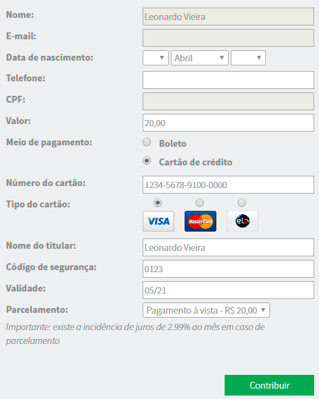 Se você preferir pagar com o cartão, é só preencher os dados e clicar em “Contribuir” vaquinha-projeto-sonhar-pagamento-cartao